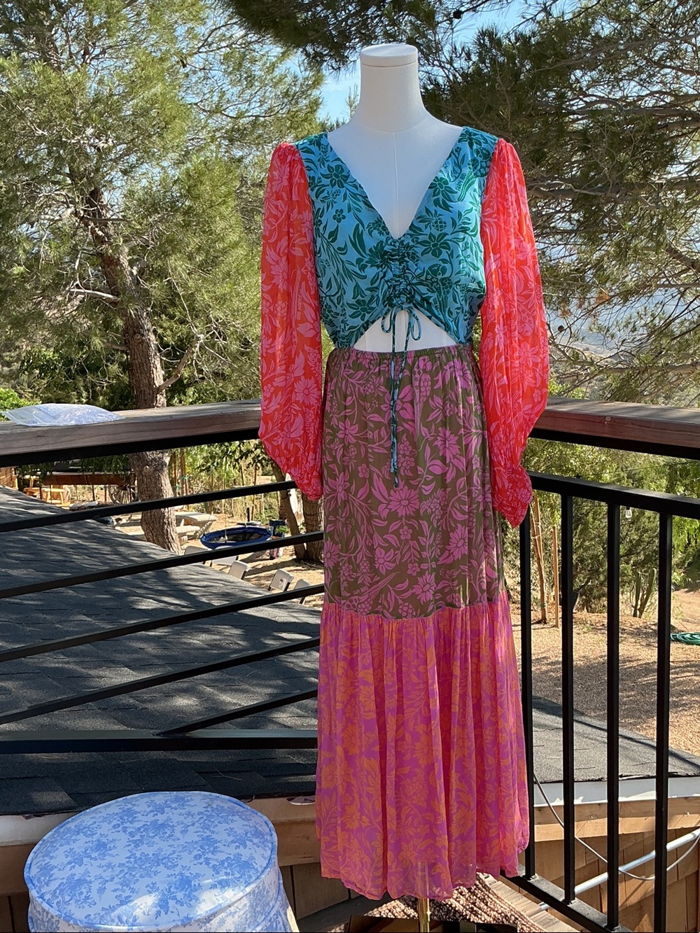 Farm rio Boho Floral Mixed-Color Maxi Dress with Sheer Sleeves